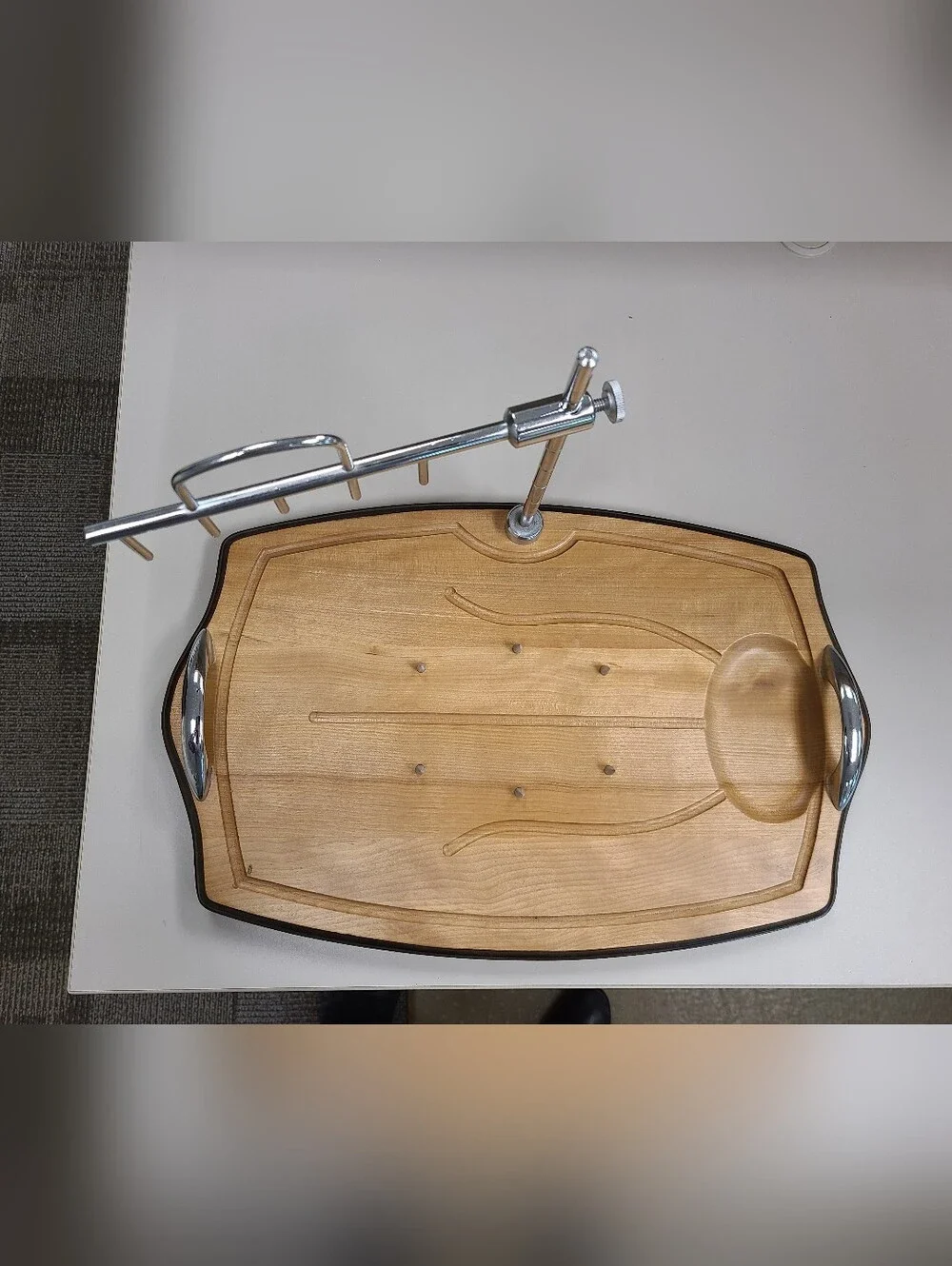 Kasuga Ware Wood Carving Board with Handles and Metal Fowl holder attachment